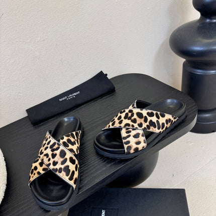 YSL 26S CROSS-STRAP SANDALS IN LEOPARD PRINT CALFSKIN HAIR