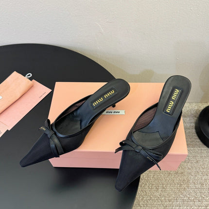 MIUMIU 26S HEEL MULES IN BLACK MESH AND LAMBSKIN