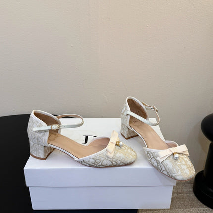 DIOR 26S HEEL ANKLE STRAP PUMPS IN BEIGE DIOR OBLIQUE EMBROIDERED CANVAS WITH BOW
