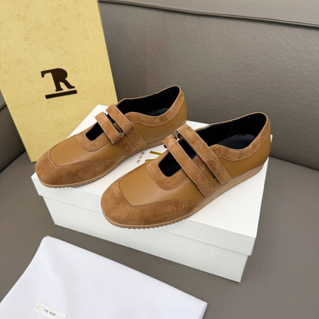 THE ROW 26S DOUBLE STRAP MARY JANE SNEAKERS IN CAMEL BROWN CALFSKIN AND SUEDE