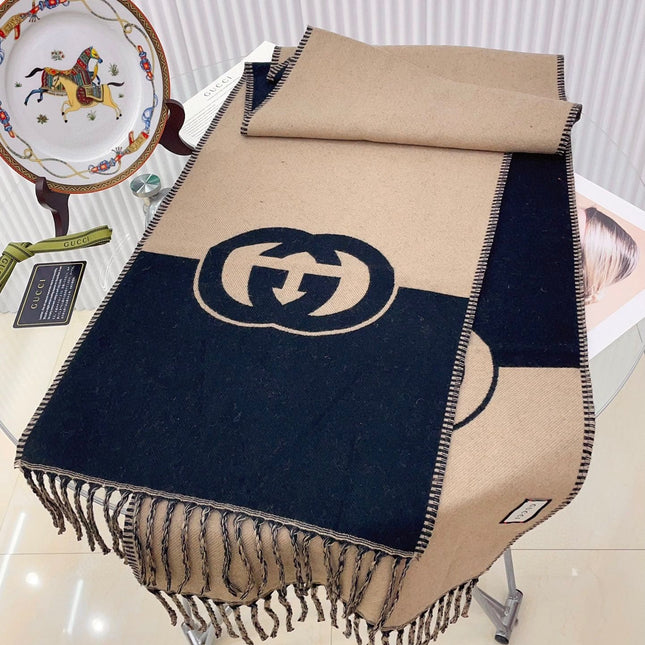 CAMEL BEIGE AND BLACK WOOL WITH INTERLOCKING G SCARF 200 CM