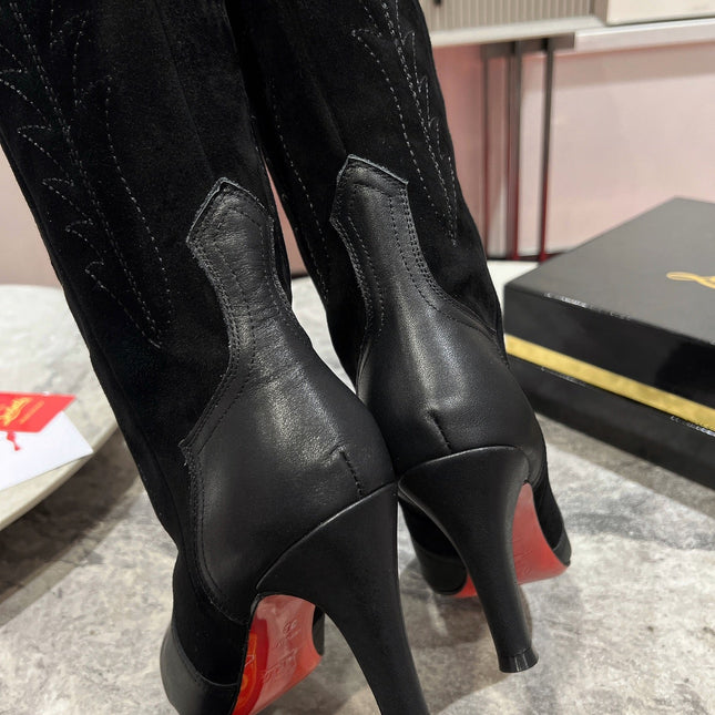 CHRISTIAN LOUBOUTIN SANTIA BOTTA 85MM BOOT IN BLACK CALFSKIN AND SUEDE