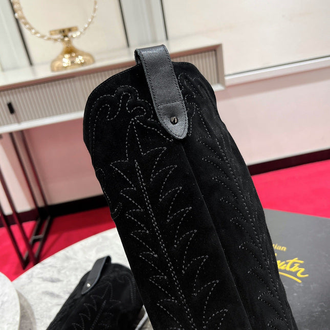 CHRISTIAN LOUBOUTIN SANTIA BOTTA 85MM BOOT IN BLACK CALFSKIN AND SUEDE