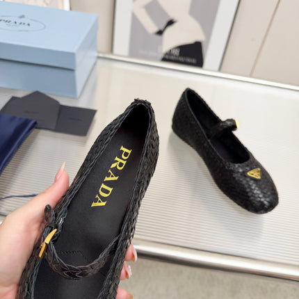PRADA 26S MARY JANE FLATS IN BLACK WOVEN CALFSKIN