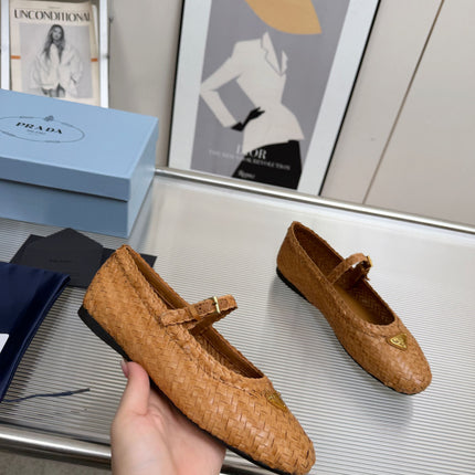 PRADA 26S MARY JANE FLATS IN TAN BROWN WOVEN CALFSKIN