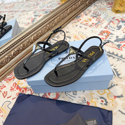 PRADA 26S THONG SANDALS IN BLACK CALFSKIN TRIANGLE LOGO