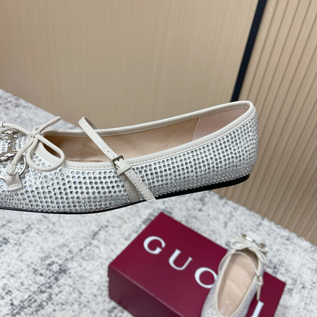 GUCCI 26S BALLET FLATS IN OFF WHITE WITH CRYSTALS