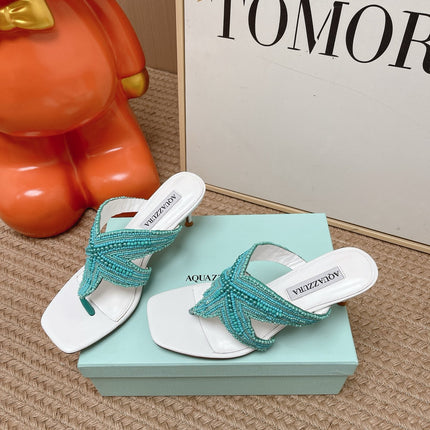 AQUAZZURA 26S STARFISH THONG HEELS IN WHITE & TURQUOISE LAMBSKIN