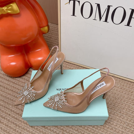 AQUAZZURA 26S POINTED-TOE SLINGBACK 105 MM IN NUDE LEATHER AND MESH CRYSTALS