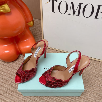AQUAZZURA 26S GATSBY SLING PUMPS 105 MM IN RED SEQUINED