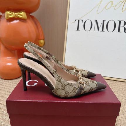 GUCCI 26S SLINGBACK HEELS 105 MM IN BEIGE CANVAS MIX BROWN LAMBSKIN