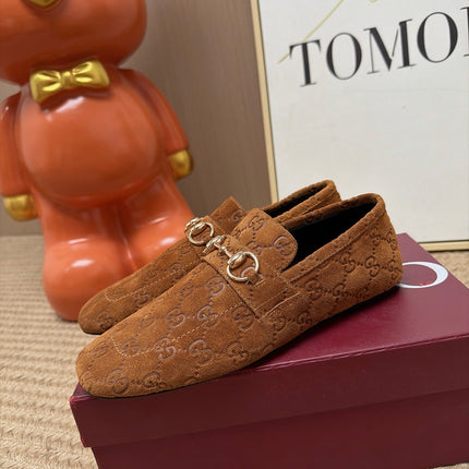 GUCCI 26S LOAFERS IN BROWN GG EMBOSSED SUEDE
