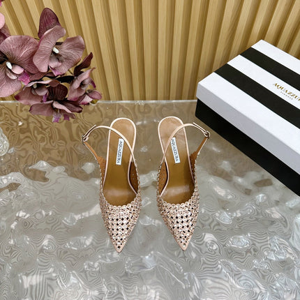 AQUAZZURA 26S SLINGBACK PUMPS 105 MM IN BEIGE CALFSKIN WITH CRYSTAL