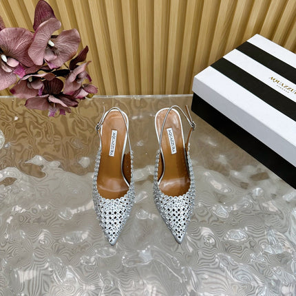 AQUAZZURA 26S SLINGBACK PUMPS 85 MM IN SILVER CALFSKIN WITH CRYSTAL