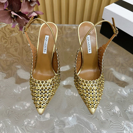 AQUAZZURA 26S SLINGBACK PUMPS 105 MM IN GOLD CALFSKIN WITH CRYSTAL