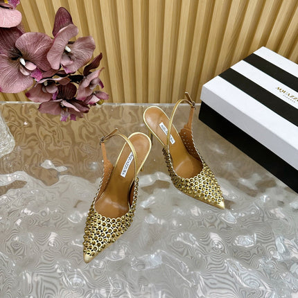 AQUAZZURA 26S SLINGBACK PUMPS 85 MM IN GOLD CALFSKIN WITH CRYSTAL