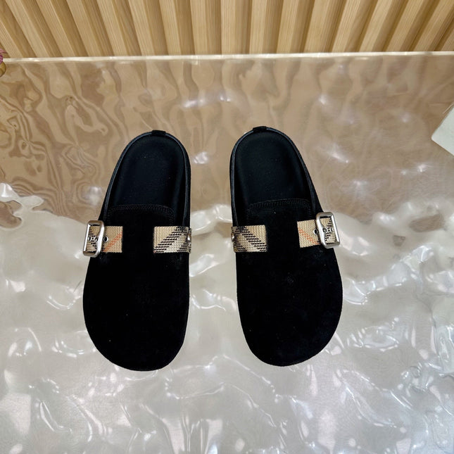 BURBERRY 26S BUCKLE MULES IN BLACK SUEDE