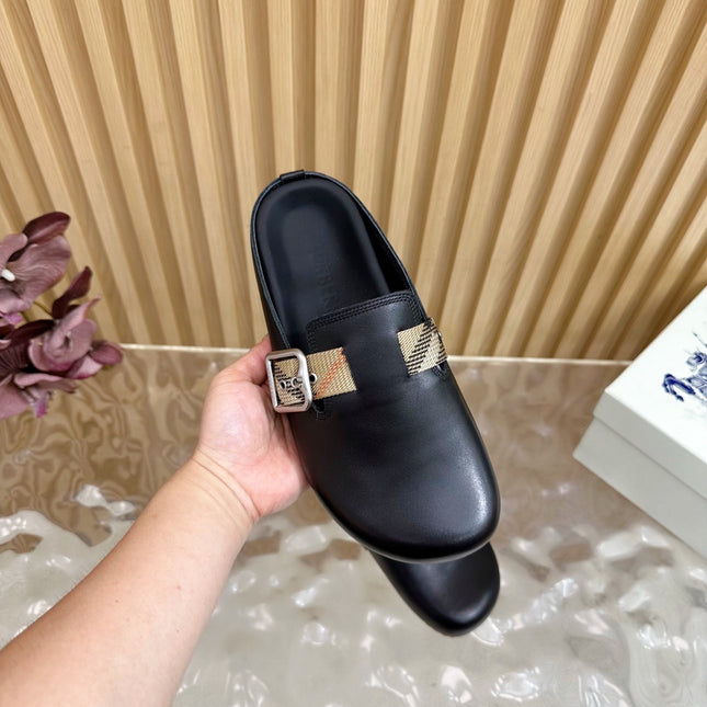 BURBERRY 26S PLAID BUCKLE MULES IN BLACK CALFSKIN