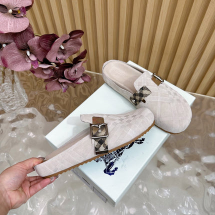 BURBERRY 26S PLAID BUCKLE MULES IN LIGHT BEIGE SUEDE