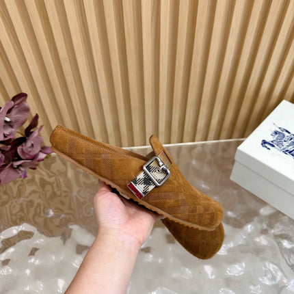 BURBERRY 26S PLAID BUCKLE MULES IN BROWN SUEDE