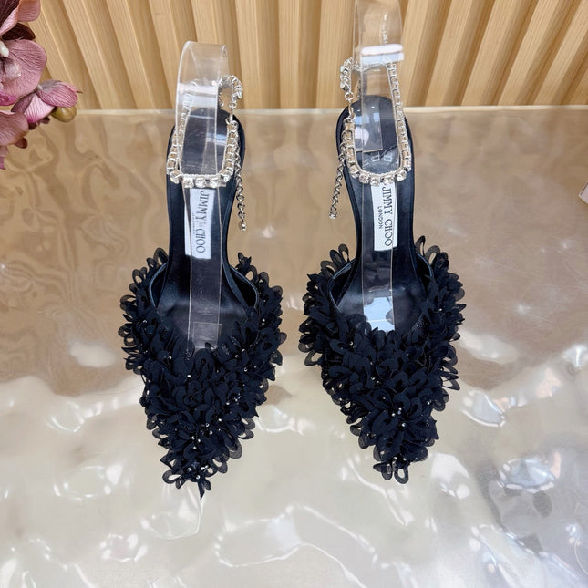JIMMY CHOO 26S HIGH HEELS 100 MM IN BLACK FABRIC AND LAMBSKIN CRYSTAL STRAPS