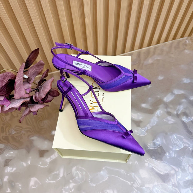 JIMMY CHOO 26S SLINGBACK HEELS 65 MM IN DARK PURPLE MESH AND SATIN