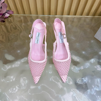 JIMMY CHOO 26S SLINGBACK HEELS 60 MM IN LIGHT PINK MESH & CRYSTALS