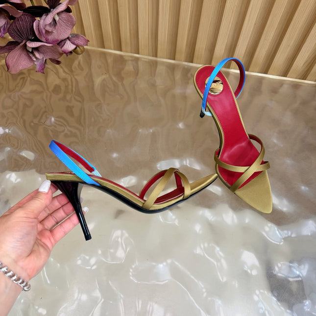 YSL 26S HIGH-HEELED SANDALS 90 MM IN MOSS GREEN SATIN