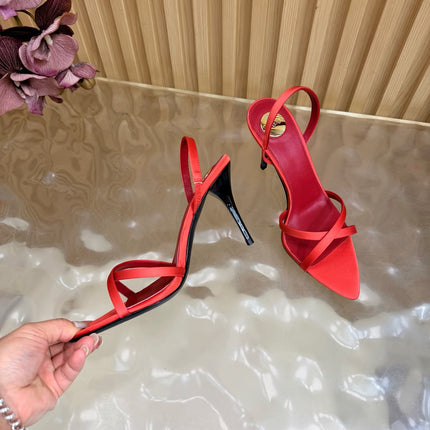 YSL 26S HIGH-HEELED SANDALS 90 MM IN RED SATIN