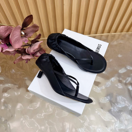JACQUEMUS 26S THONG HEEL SANDALS 45 MM IN BLACK CALFSKIN