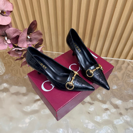 GUCCI 26S HIGH HEELS 65 MM IN BLACK CROC EMBOSSED LEATHER