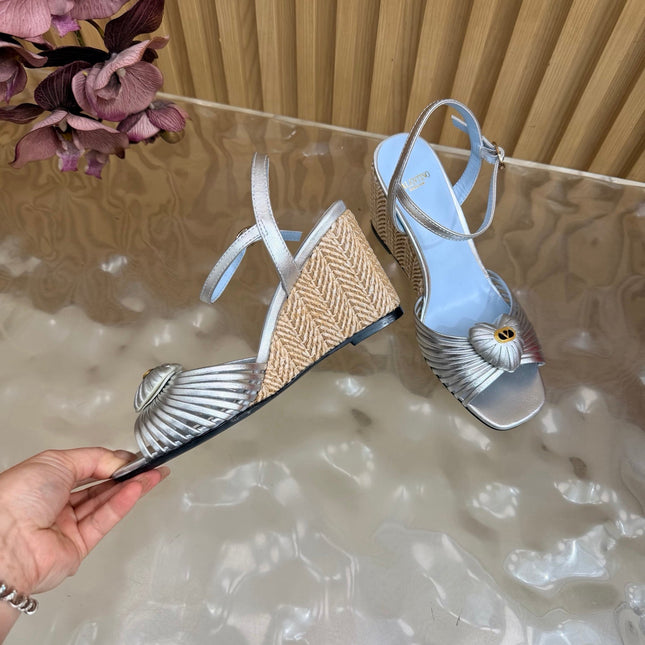 VALENTINO 26S WEDGE SANDAL 85 MM IN SILVER CALFSKIN