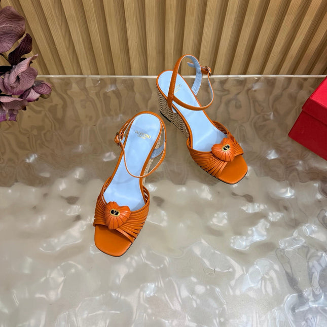 VALENTINO 26S WEDGE SANDAL 85 MM IN ORANGE CALFSKIN