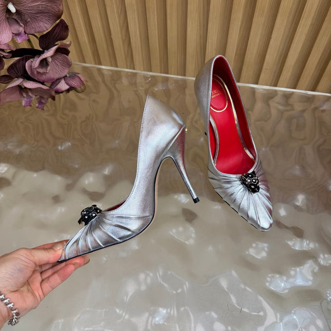 VALENTINO 26S HIGH-HEEL 100 MM IN SILVER GATHERED CALFSKIN