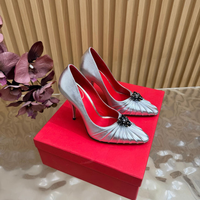 VALENTINO 26S HIGH-HEEL 100 MM IN SILVER GATHERED CALFSKIN