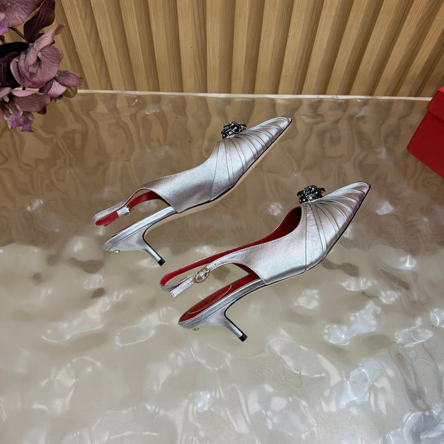 VALENTINO 26S SLINGBACK PUMPS 50 MM IN SILVER CALFSKIN