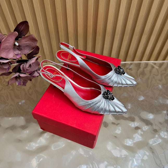 VALENTINO 26S SLINGBACK PUMPS 50 MM IN SILVER CALFSKIN