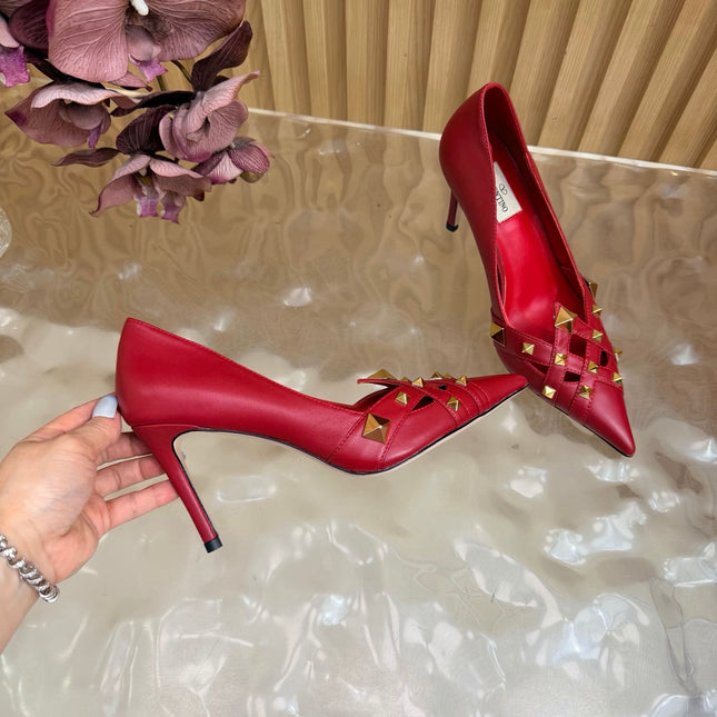 VALENTINO 26S STUDDED POINTED TOE PUMPS 90 MM IN RED CALFSKIN