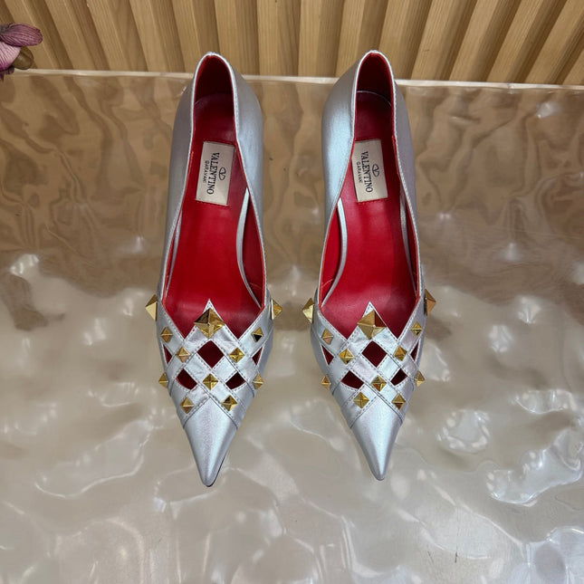 VALENTINO 26S STUDDED POINTED TOE PUMPS 90 MM IN SILVER CALFSKIN