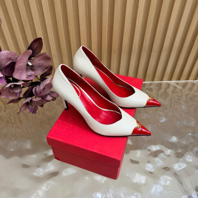 VALENTINO 26S CAP-TOE PUMPS 90 MM IN CREAM WHITE AND RED CALFSKIN
