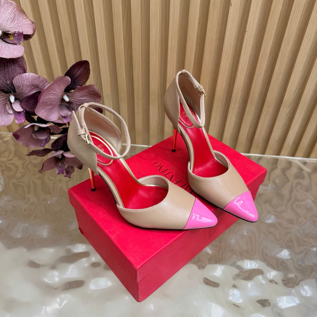 VALENTINO 26S ANKLE-STRA PUMPS 100 MM IN BEIGE AND PINK CALFSKIN