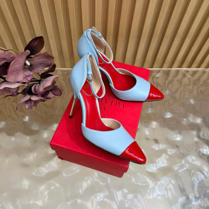 VALENTINO 26S ANKLE-STRA PUMPS 100 MM IN LIGHT BLUE AND RED CALFSKIN
