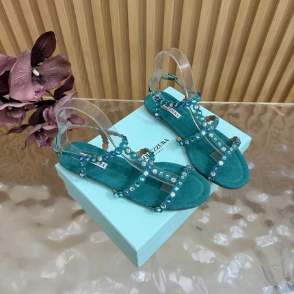 AQUAZZURA 26S FLAT SANDALS IN TEAL GREEN SUEDE CRYSTAL EMBELLISHED