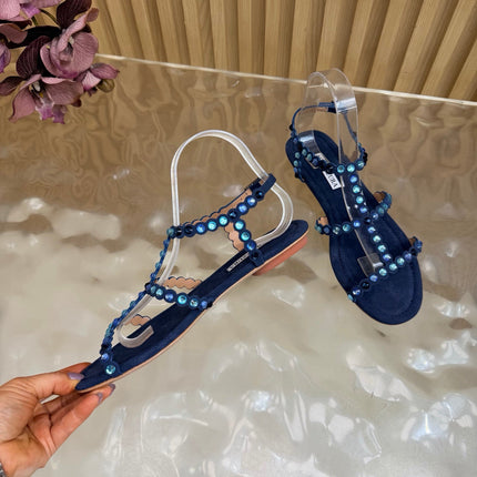 AQUAZZURA 26S FLAT SANDALS IN NAVY BLUE SUEDE CRYSTAL EMBELLISHED