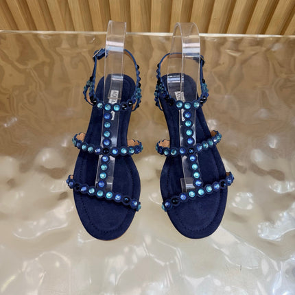 AQUAZZURA 26S FLAT SANDALS IN NAVY BLUE SUEDE CRYSTAL EMBELLISHED