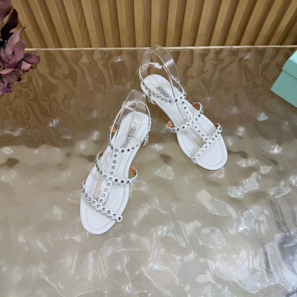AQUAZZURA 26S FLAT SANDALS IN WHITE CALFKSIN CRYSTAL EMBELLISHED