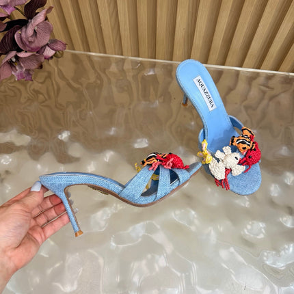 AQUAZZURA 26S SANDALS 80 MM IN LIGHT BLUE CANVAS WITH CROCHET APPLIQUES
