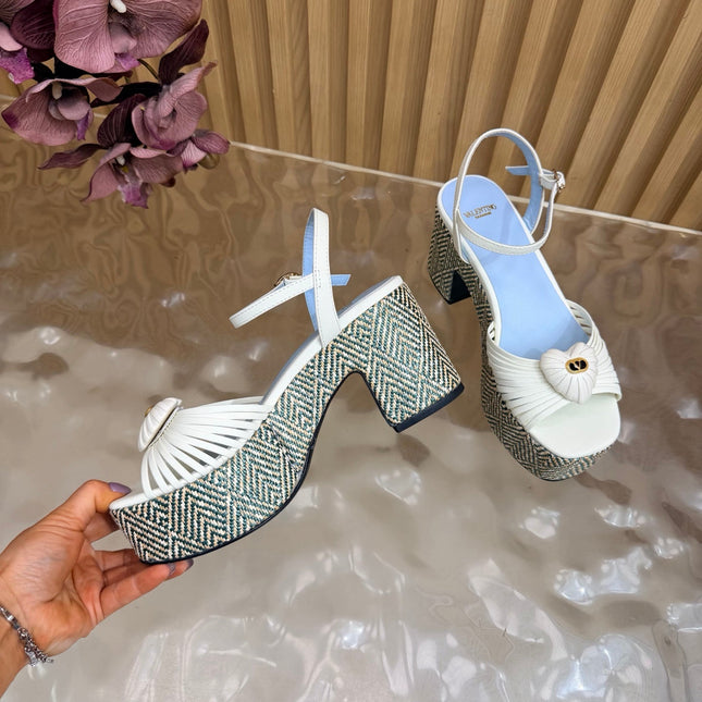 VALENTINO 26S PLATFORM SANDALS 90 MM IN WHITE CALFSKIN BEIGE WOVEN FABRIC