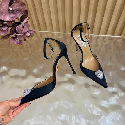 AQUAZZURA 26S POINTED-TOE HIGH HEELS 100 MM IN BLACK SATIN