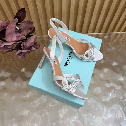 AQUAZZURA 26S HEELED SANDALS 75 MM IN OFF WHITE SATIN